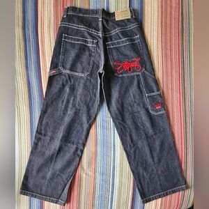 Retro JNCO Faded Black Jeans with Red Embroidery 33x32